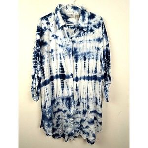 OSO Casuals Rayon Blue White Tie Dyed Tunic Shirt Size XL